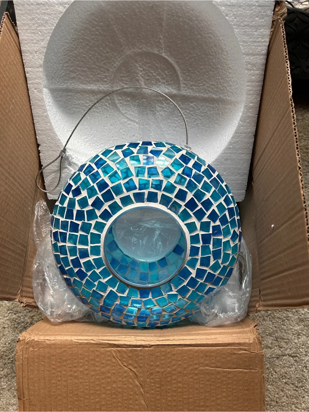 9.25” Blue Mosaic Hanging Bird Feeder - Decorative Outdoor Seed Feeder